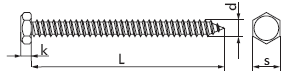 DIN 7976 Саморез шуруп для тонких металлических листов, шестигранная головка, форма С - заостренный конец